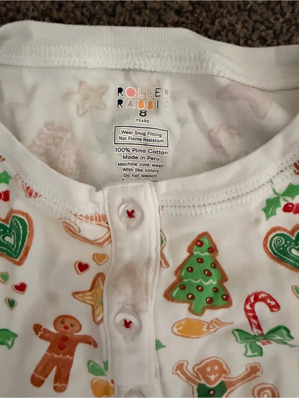 Roller Rabbit White Kids Pajama Set with Green, Red, and Brown Holiday Motifs